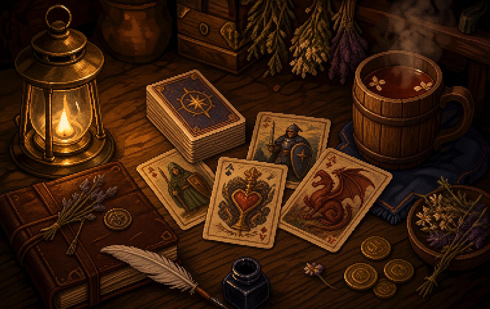 A handcrafted deck of fantasy cards on a wooden tavern table, next to a brass lantern, a leather-bound journal, a quill and a wooden mug of tea.