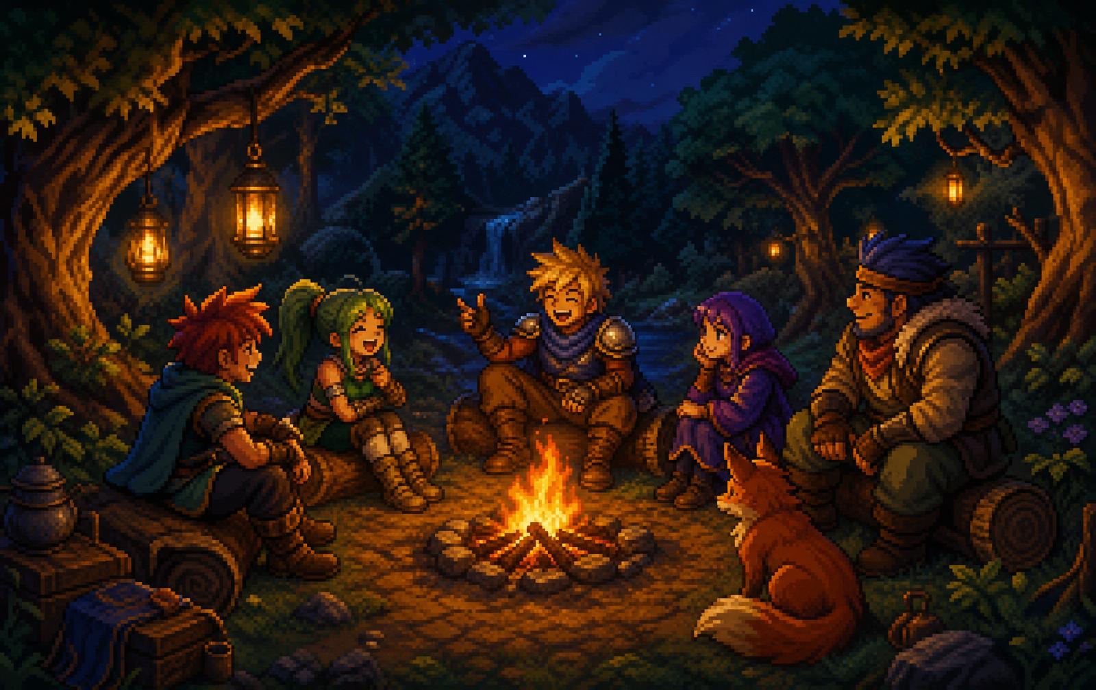 A small band of adventurers gathered around a campfire at night, laughing together, lanterns in the trees, a fox nearby.