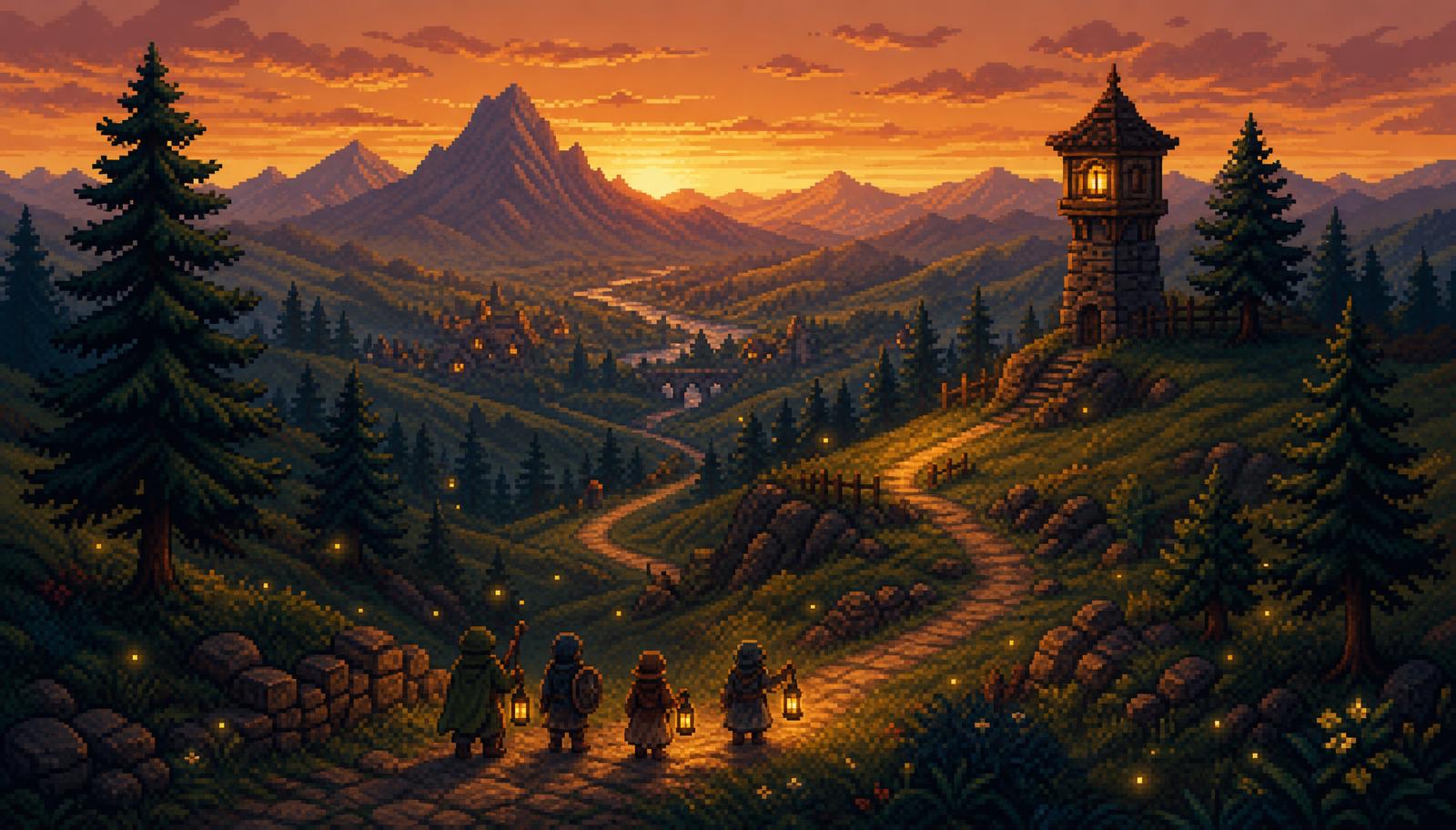 A dusk landscape with a winding path across hills, a watchtower with a warm glowing window, travellers walking with lanterns.
